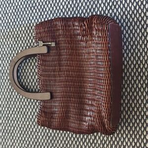 Fossil Vintage Woven Basket Handbag Satchel Shoulder Strap Brown Leather